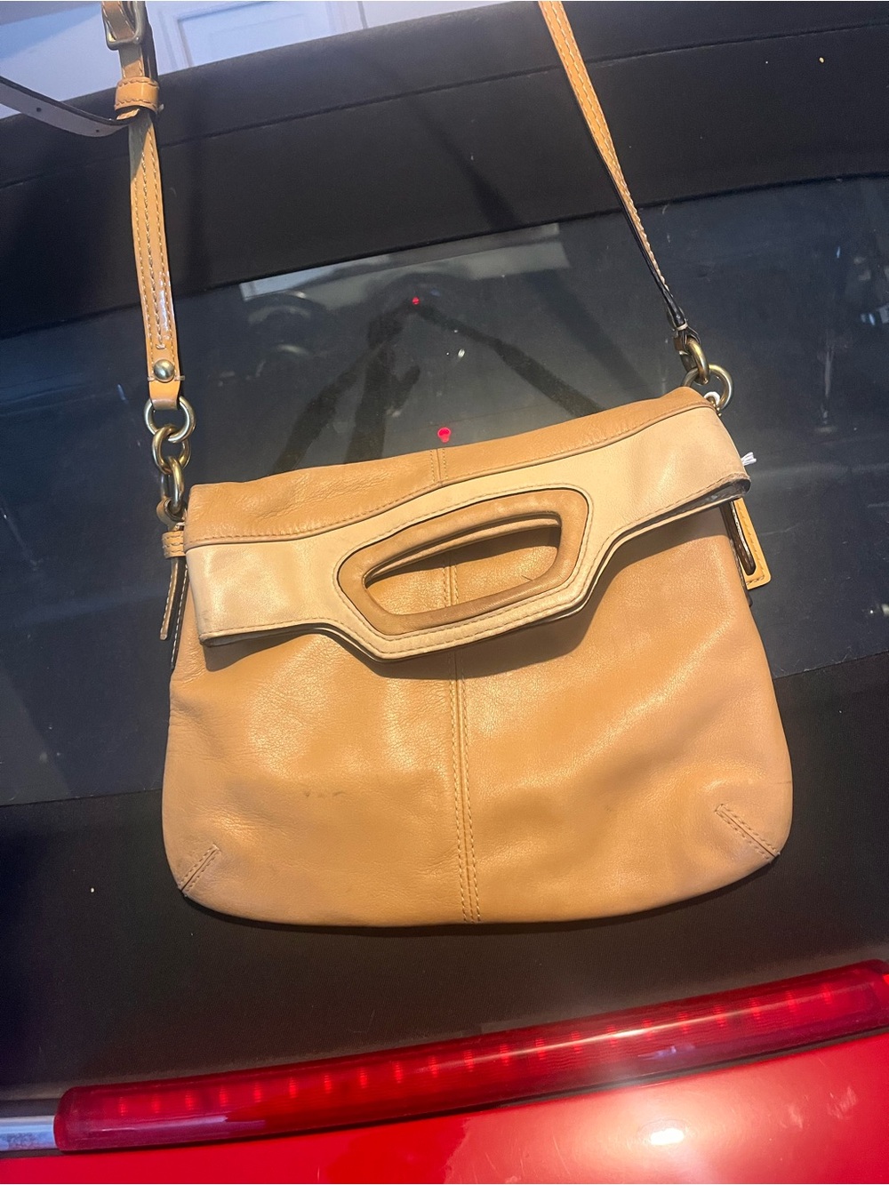 Coach Bonnie Leather Foldover Saddle Bag Crossbody (Style 13388) Camel Tan